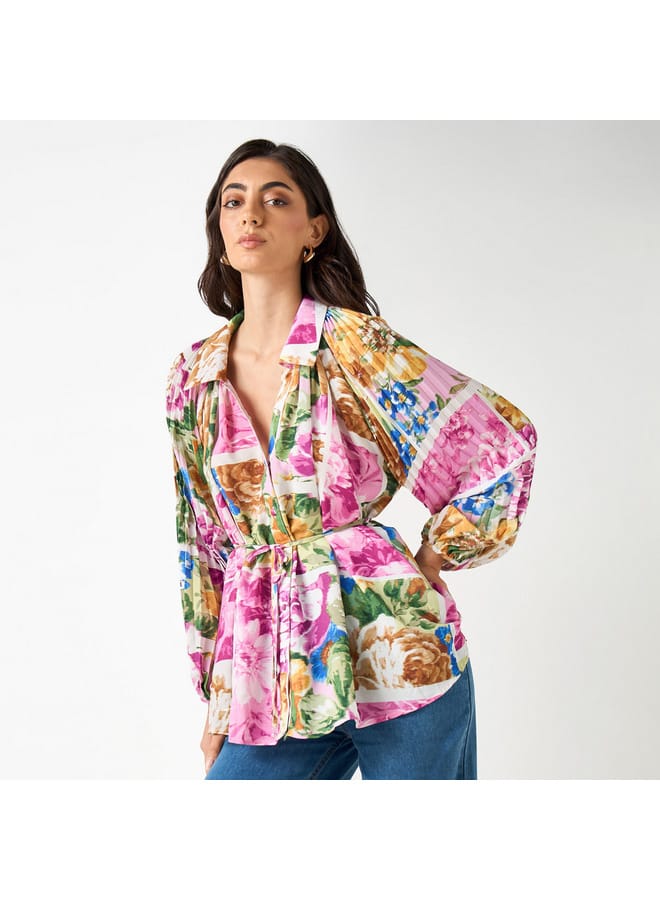 Iconic Iconic All-Over Floral Print Shirt with Tie-Up Belt and Volume Sleeves - Image 1