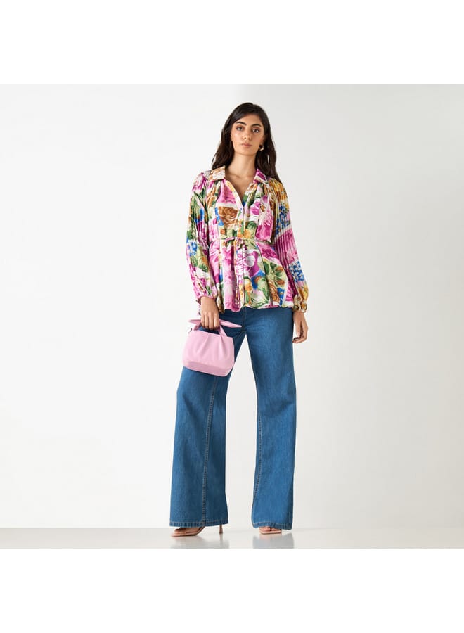 Iconic Iconic All-Over Floral Print Shirt with Tie-Up Belt and Volume Sleeves - Image 2