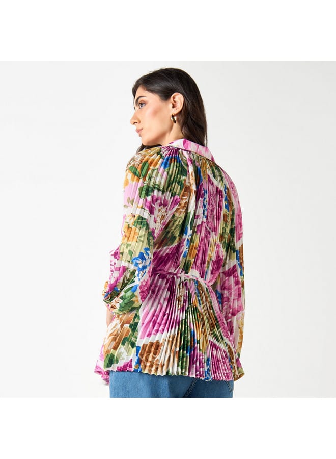 Iconic Iconic All-Over Floral Print Shirt with Tie-Up Belt and Volume Sleeves - Image 3