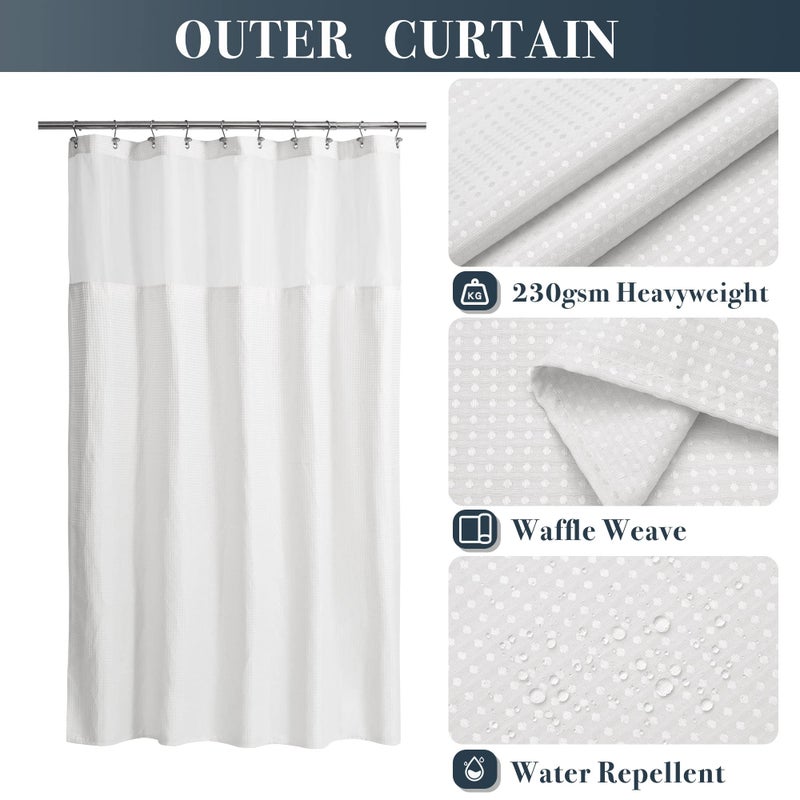 N&Y HOME Stall Waffle Shower Curtain with Snap-in Fabric Liner & Hooks Set - 54"" x 78"" Shower Stall Size  Hotel Style & Mesh Top Window  Machine Washable - 54x78  White