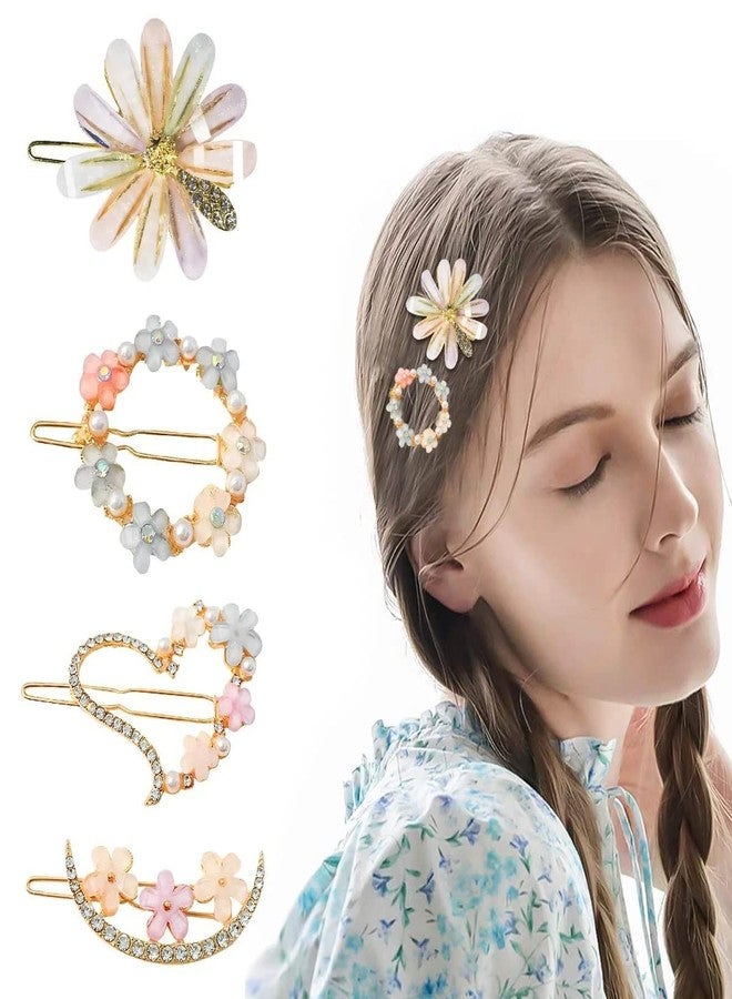 MATSON latest Korean fashion Style Flower Metal Hair Clips, Rhinestones Plastic Pearl Barrettes Flower Lock Pin Hair Accessories For Women & Girls (Pack Of 4 Pcs) - Image 1