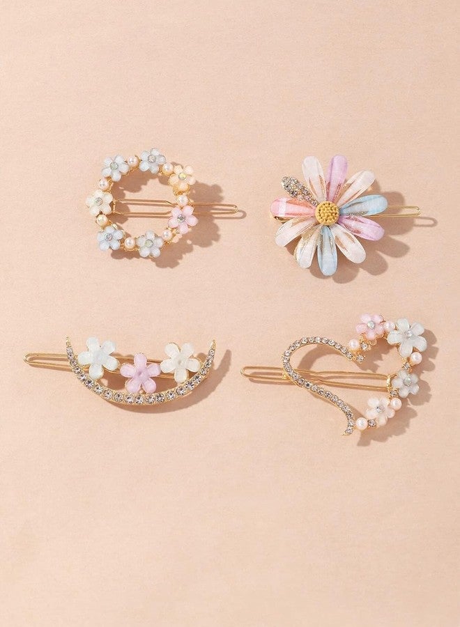 MATSON latest Korean fashion Style Flower Metal Hair Clips, Rhinestones Plastic Pearl Barrettes Flower Lock Pin Hair Accessories For Women & Girls (Pack Of 4 Pcs) - Image 5