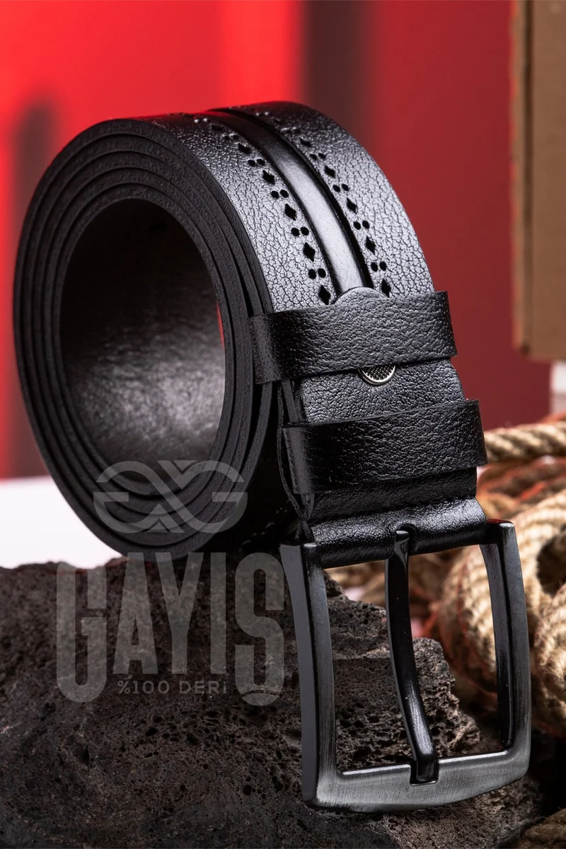 Gayış Gayish Buffalo Leather Black Patterned Men's Jeans Belt - Men's Gift Belt