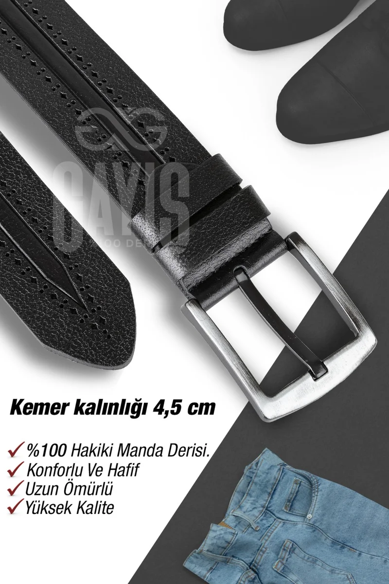 Gayış Gayish Buffalo Leather Black Patterned Men's Jeans Belt - Men's Gift Belt