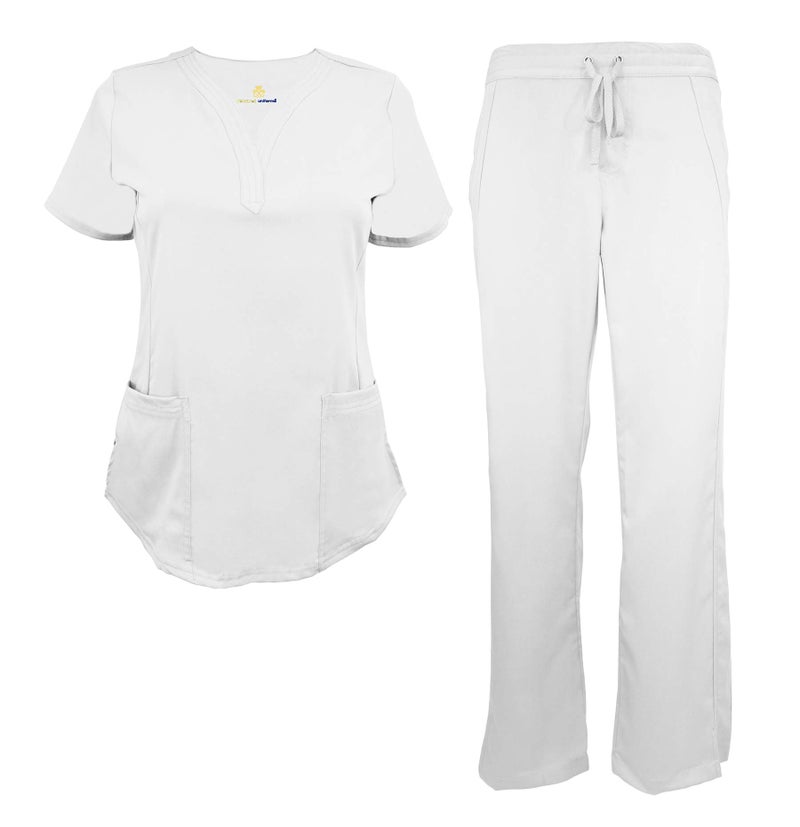 Natural Uniforms Women's Ultra Soft Y-Neck Scrub Set (White, Large) - Image 1