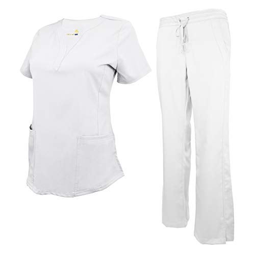 Natural Uniforms Women's Ultra Soft Y-Neck Scrub Set (White, Large) - Image 2