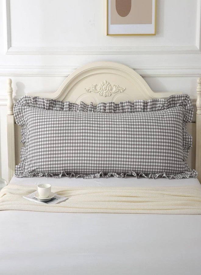 Silnuo Grey/White Plaid Ruffled Body Pillow Sham 1 Piece Washed Cotton Shabby Checkered Gingham Pillow Cover 20"x54" - Image 2