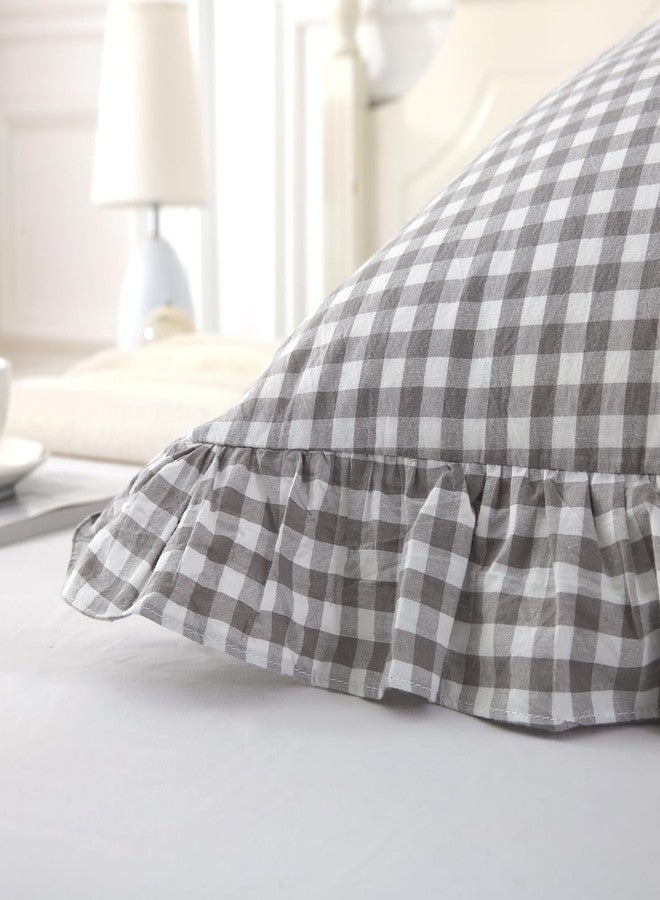 Silnuo Grey/White Plaid Ruffled Body Pillow Sham 1 Piece Washed Cotton Shabby Checkered Gingham Pillow Cover 20"x54" - Image 4