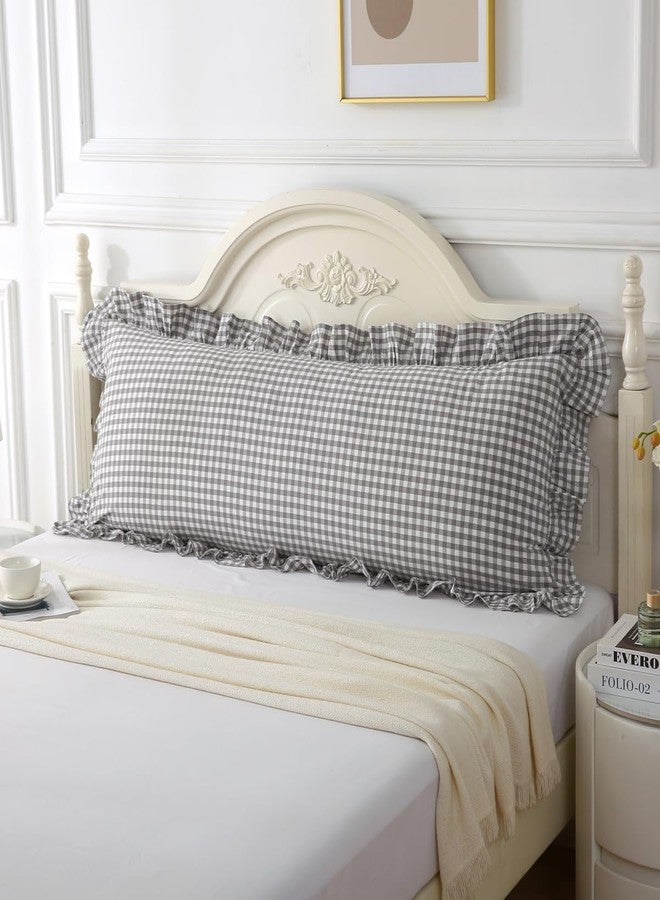 Silnuo Grey/White Plaid Ruffled Body Pillow Sham 1 Piece Washed Cotton Shabby Checkered Gingham Pillow Cover 20"x54" - Image 1