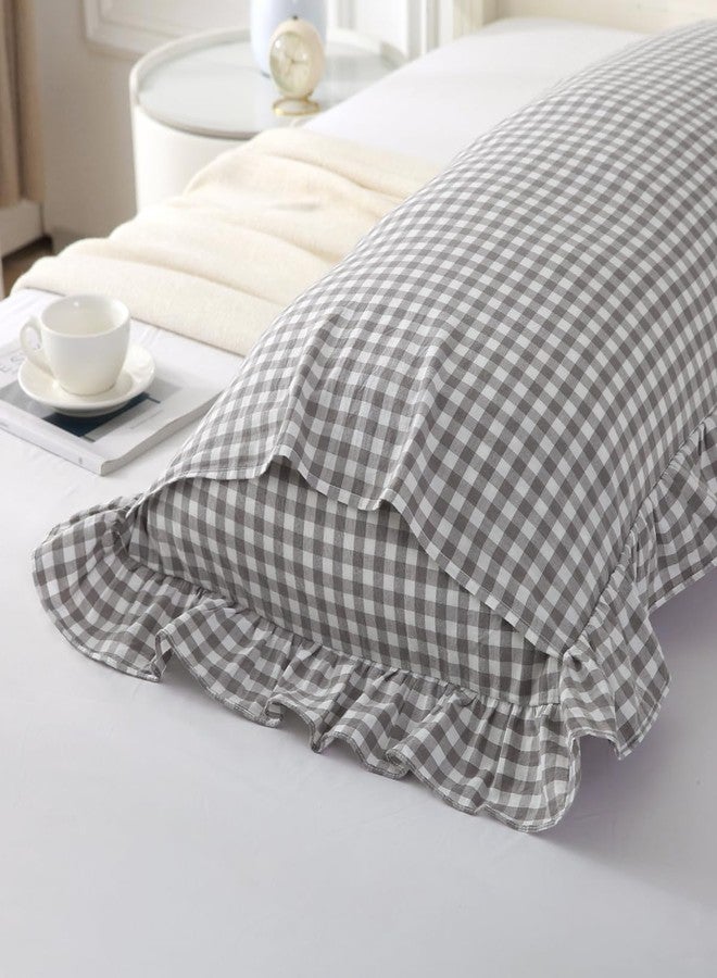 Silnuo Grey/White Plaid Ruffled Body Pillow Sham 1 Piece Washed Cotton Shabby Checkered Gingham Pillow Cover 20"x54" - Image 3