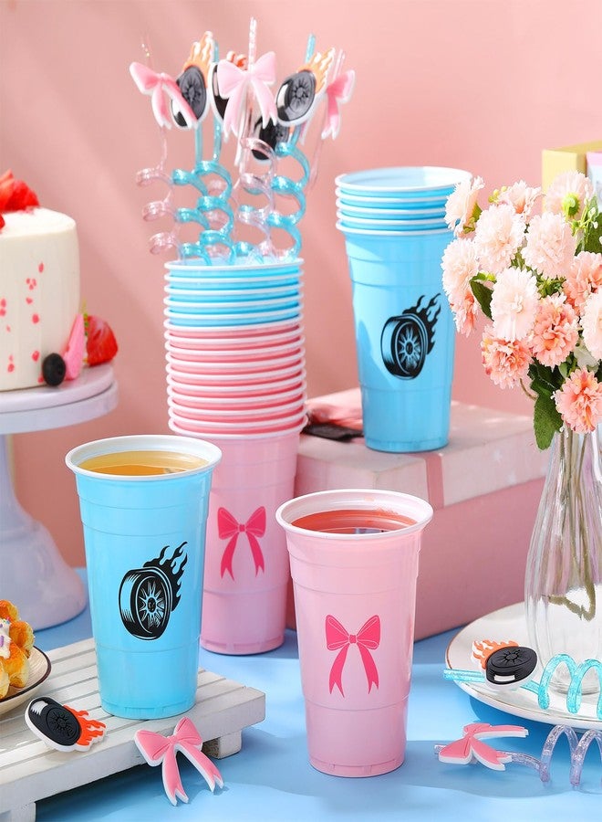 Jingmore 24 Set 16 oz Plastic Cups with Straws, Disposable Party Cups for Birthday Party Theme Parties Beverage Drink Tableware Supplies(Burnouts or Bows) - Image 2