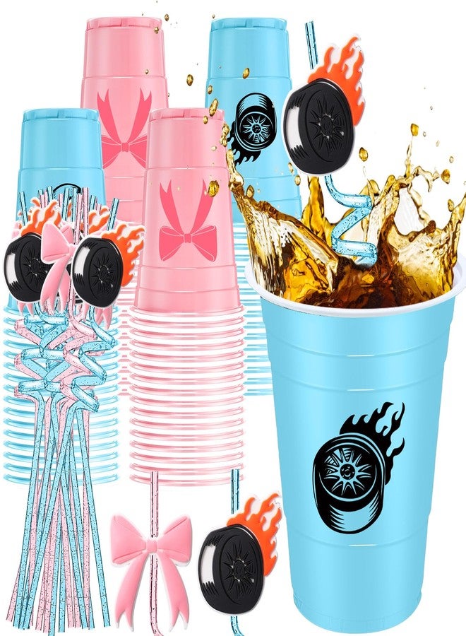 Jingmore 24 Set 16 oz Plastic Cups with Straws, Disposable Party Cups for Birthday Party Theme Parties Beverage Drink Tableware Supplies(Burnouts or Bows) - Image 1