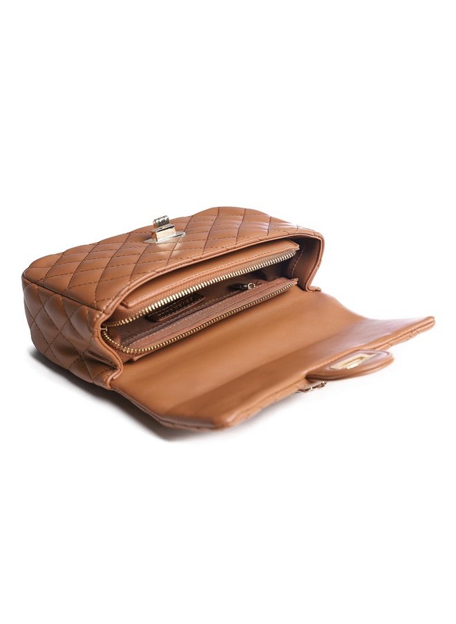 FEVERSOLE - Crossbody Bag Vegan Leather Women Retro Small Saddle Satchel Shoulder Bag Tote With Long Adjustable Strap Camel Quilted Metal Chain - Image 1