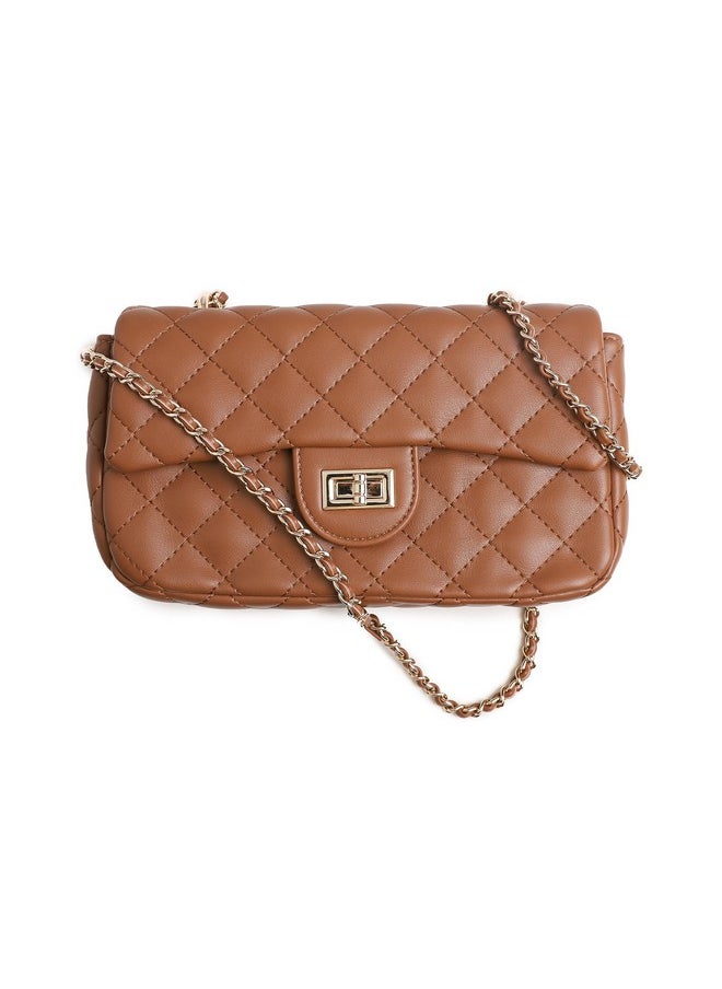FEVERSOLE - Crossbody Bag Vegan Leather Women Retro Small Saddle Satchel Shoulder Bag Tote With Long Adjustable Strap Camel Quilted Metal Chain - Image 1