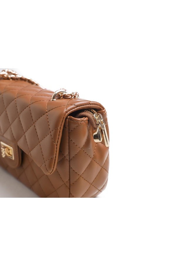 FEVERSOLE - Crossbody Bag Vegan Leather Women Retro Small Saddle Satchel Shoulder Bag Tote With Long Adjustable Strap Camel Quilted Metal Chain - Image 1