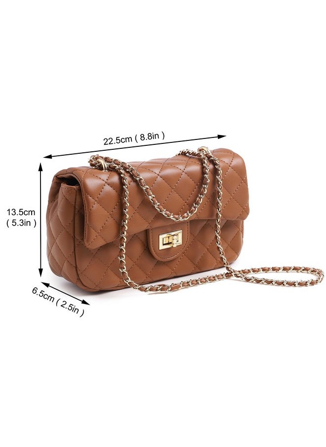 FEVERSOLE - Crossbody Bag Vegan Leather Women Retro Small Saddle Satchel Shoulder Bag Tote With Long Adjustable Strap Camel Quilted Metal Chain - Image 1