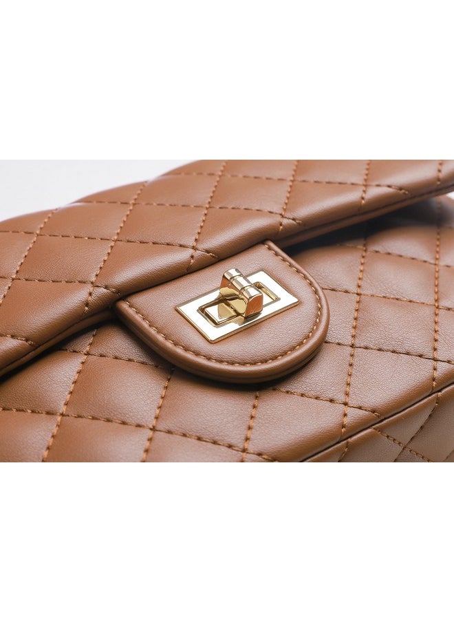 FEVERSOLE - Crossbody Bag Vegan Leather Women Retro Small Saddle Satchel Shoulder Bag Tote With Long Adjustable Strap Camel Quilted Metal Chain - Image 1