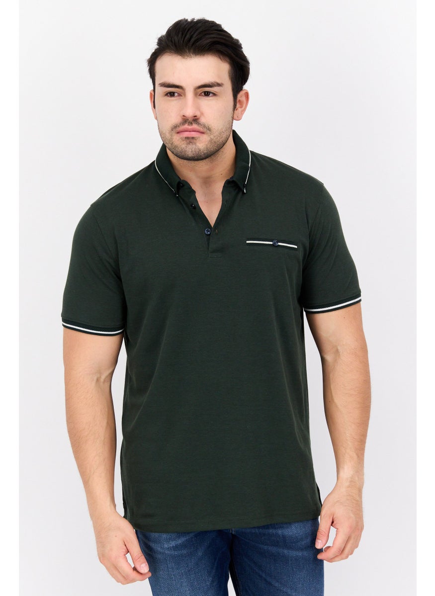 Cactus Man by Ricky Singh - Men Regular Fit Textured Short Sleeves Front Pocket Polo, Dark Olive - Image 1