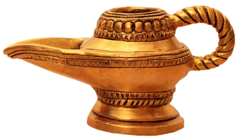 Purpledip Brass Lamp Anajli Holder Magic Lamp Or Aladins Chirag Shape Charan Amrit Vessel for Home Temple 10913 - Image 3