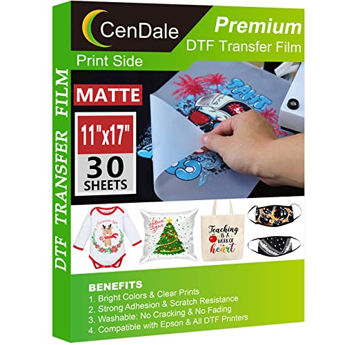 CenDale DTF Transfer Film 11"x17" - 30 Sheets Double-Sided Matte DTF Film for Sublimation Hack, Direct to Film Printing on All Color Fabric and T-Shirts Textile, Hot & Cold Peel DTF Paper - Image 1