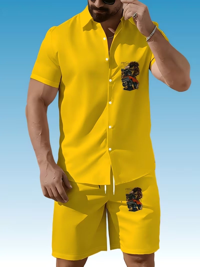 Cross-Border Trade New 3D Printed Men's Tropical Style Loose Short-Sleeve Shirt with Shorts Casual Set