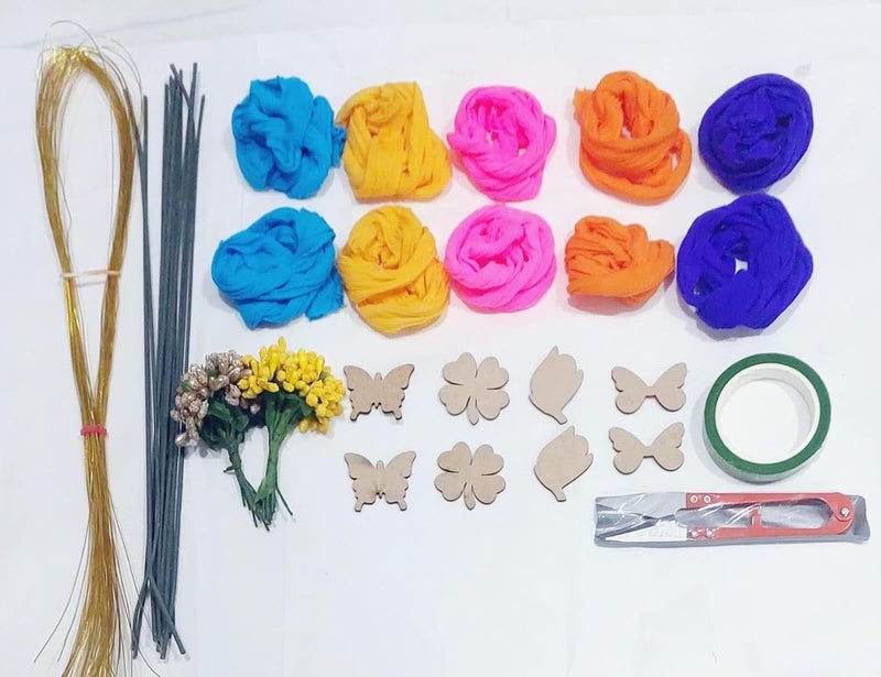 Generic Bharat Complete Stocking Flower Making Kit for Beginners Stockings Cloth MDF Boards Golden Craft Wires Floral Stem Hard WireScissors Green Tape DIY Kids and Adults Activity Kit Art Craft  - Image 1
