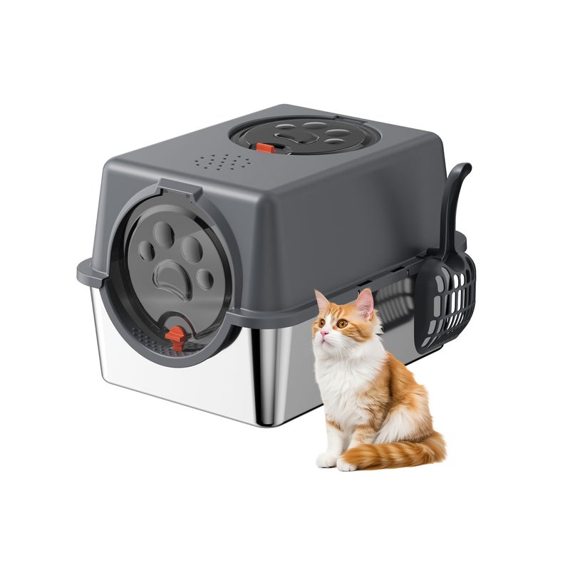 Kidle Stainless Steel Litter Box with Lid Anti-Leakage Covered Cat Litter Pan with Litter Scoop Front and Top Dual Entry - Image 1