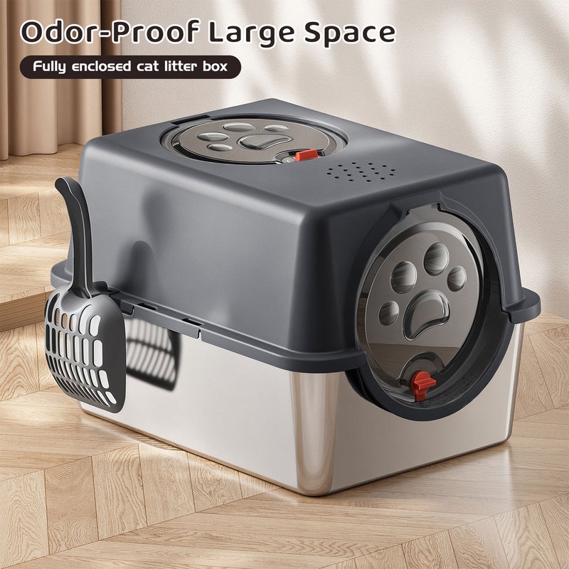 Kidle Stainless Steel Litter Box with Lid Anti-Leakage Covered Cat Litter Pan with Litter Scoop Front and Top Dual Entry - Image 5