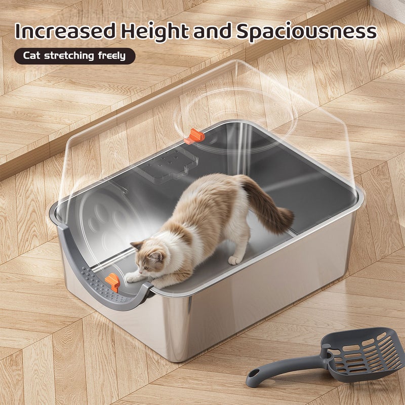 Kidle Stainless Steel Litter Box with Lid Anti-Leakage Covered Cat Litter Pan with Litter Scoop Front and Top Dual Entry - Image 4