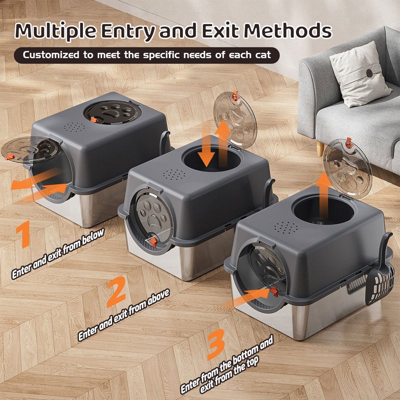 Kidle Stainless Steel Litter Box with Lid Anti-Leakage Covered Cat Litter Pan with Litter Scoop Front and Top Dual Entry - Image 2
