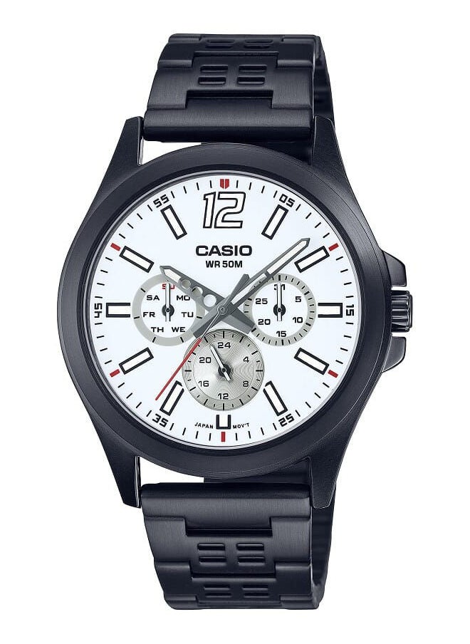 CASIO Men Watch Analog Multi Hand White Dial Stainless Steel Black Ion Plated Band And Case MTP-E350B-7BVDF  - Image 1