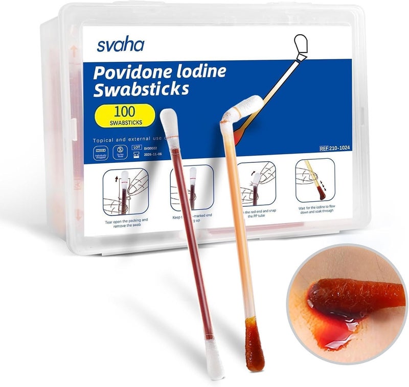 svaha Povidone Iodine Swabsticks, 100 Count - Individually Wrapped Skin Prep Swabs for First Aid Kits and Wound Care - Image 1
