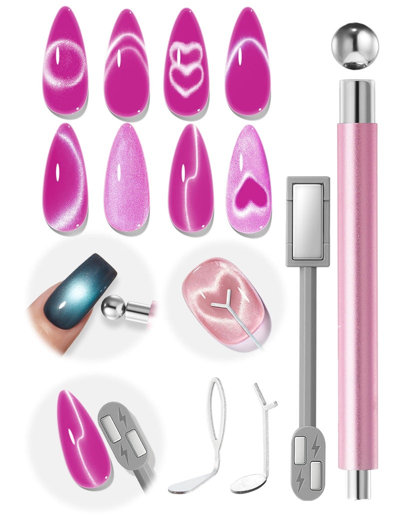 modelones Cat Eye Gel Polish Nail Magnet, 3-in-1 Cat Eye Magnet Pen & Heart-Shaped for Nail Art Tool Cylindrical & Ball &Hole &Lightning Magnet, Multi-Effect Magnets for Cateye Gel Polish DIY Salon - Image 1