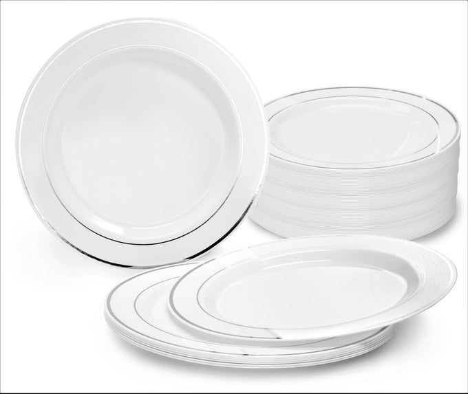 OCCASIONS 120 FANCY HEAVYWEIGHT DISPOSABLE WEDDING PARTY PLASTIC DESSERT PLATES 625 SALADCAKE WHITE SILVER RIM