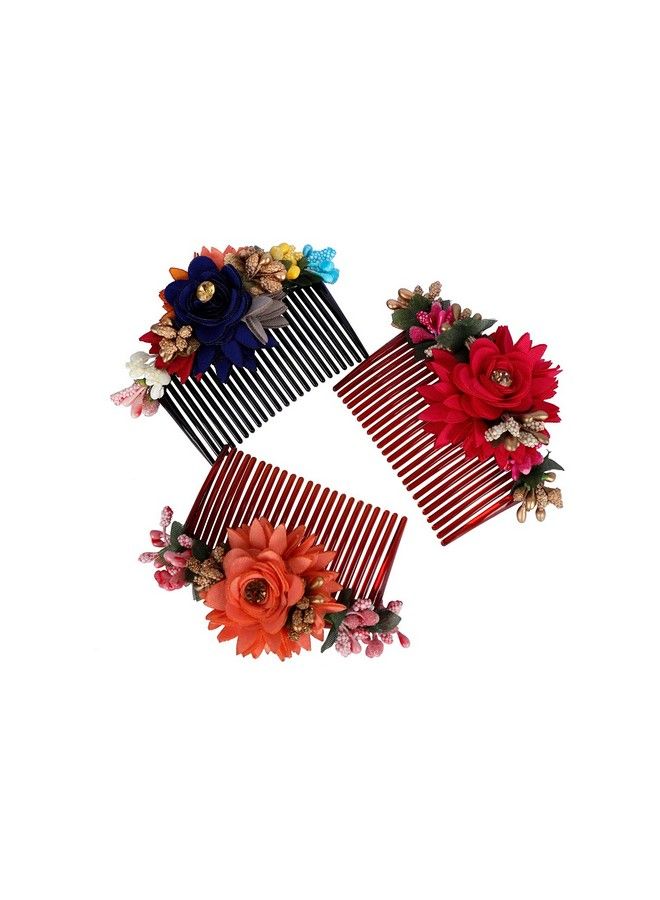 ACCESSHER Multicolor Pack Of 3 Acrylic Comb Indo Western Fancy Hair Clip/Side Pin/Comb Pin/Jooda Pin Hair Accessories With Cloth Flower For Women And Girls Pack Of 3 - Image 2