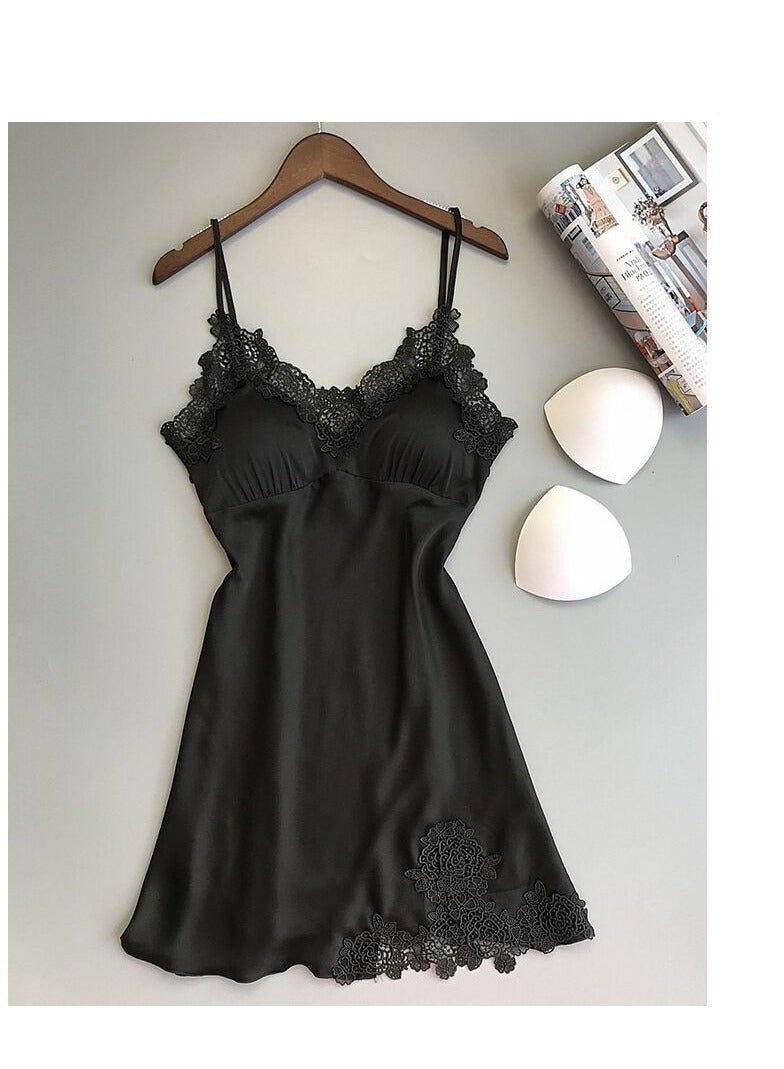 Comfort Solid Lace Pajama for Women  V Neck Waist Strap Babydoll Sleeveless Removable Pad Lingerie Pleated Lace Dress 