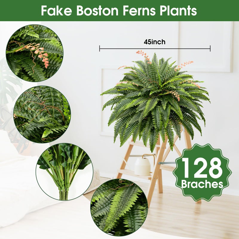 CQURE 128 Branches Fake Ferns Artificial Plants Large, 48" Set of 2 Artificial Boston Ferns Faux Hanging Fake Plants for Outdoors Planter Home Garden Decor - Image 3