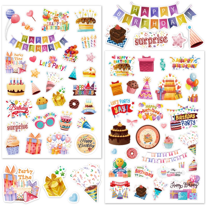 LINAYE 24 Sheets Happy Birthday Stickers - 730 Counts, Small & Large Sizes, Perfect for Birthday Party Decorations & Gifts - Image 1