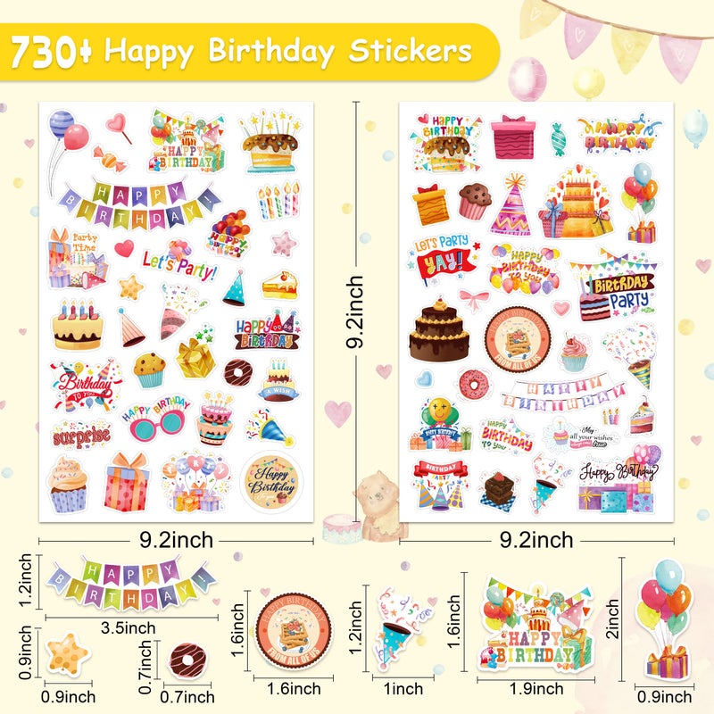 LINAYE 24 Sheets Happy Birthday Stickers - 730 Counts, Small & Large Sizes, Perfect for Birthday Party Decorations & Gifts - Image 5