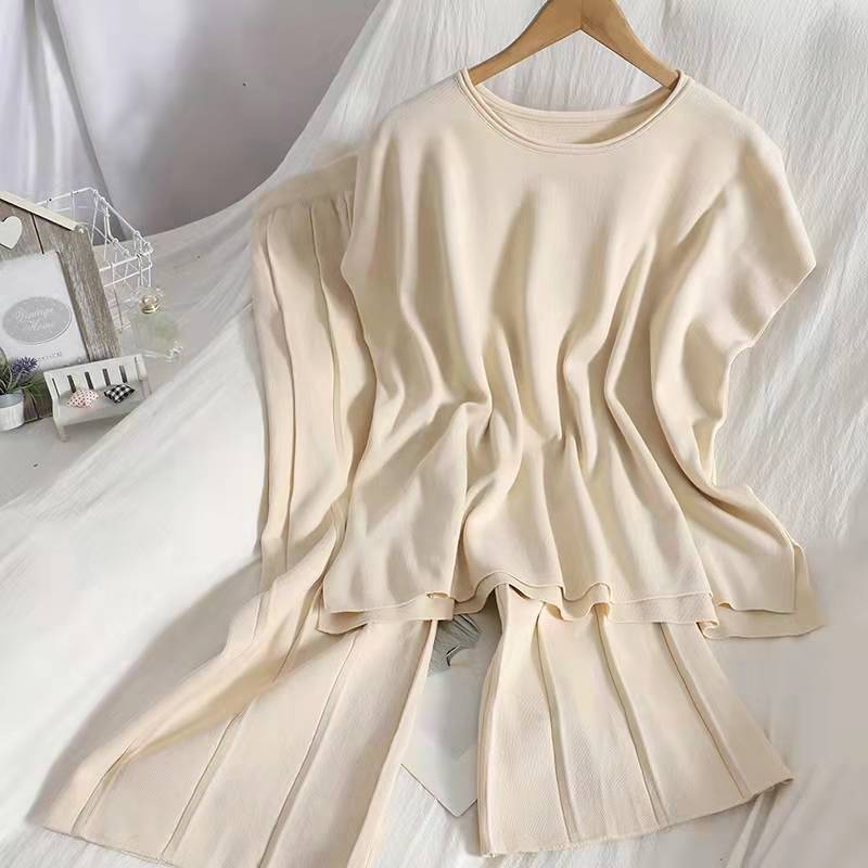 Summer new style solid color sleeveless vest knitwear wide leg cropped trousers suit Thin Ice Silk two-piece set womens fashion Apricot - Image 1