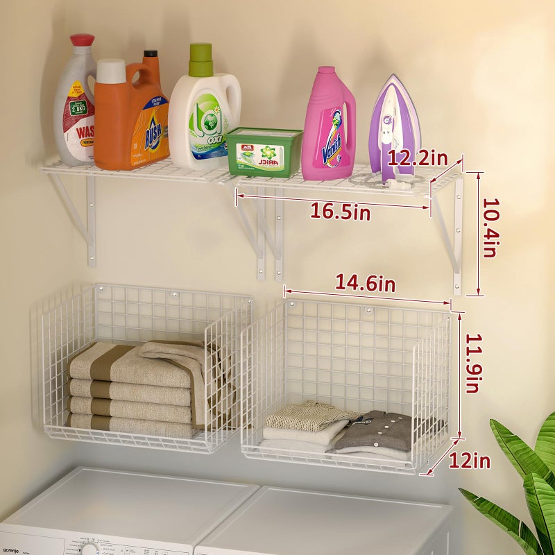3IngSeagulls 2 Pack Laundry Room Shelves Wall Mounted with Wire Baskets, Over the Washer and Dryer Shelf with Clothes Drying Rack, 8 Hooksï¼ŒWire Shelves Baskets for Laundry Closet Organization and Storage, White - Image 2