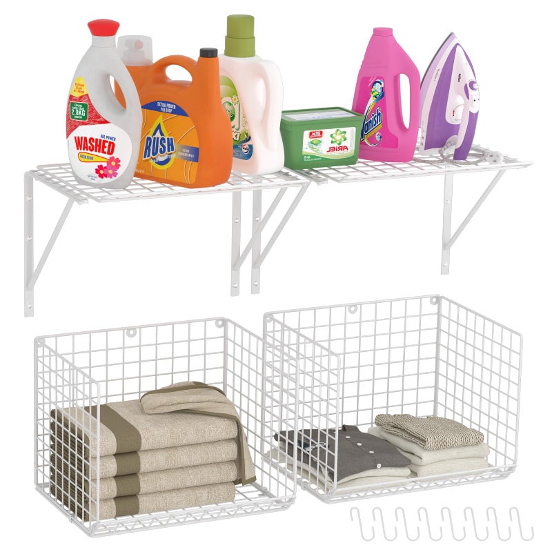 3IngSeagulls 2 Pack Laundry Room Shelves Wall Mounted with Wire Baskets, Over the Washer and Dryer Shelf with Clothes Drying Rack, 8 Hooksï¼ŒWire Shelves Baskets for Laundry Closet Organization and Storage, White - Image 1