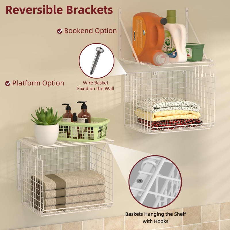 3IngSeagulls 2 Pack Laundry Room Shelves Wall Mounted with Wire Baskets, Over the Washer and Dryer Shelf with Clothes Drying Rack, 8 Hooksï¼ŒWire Shelves Baskets for Laundry Closet Organization and Storage, White - Image 5