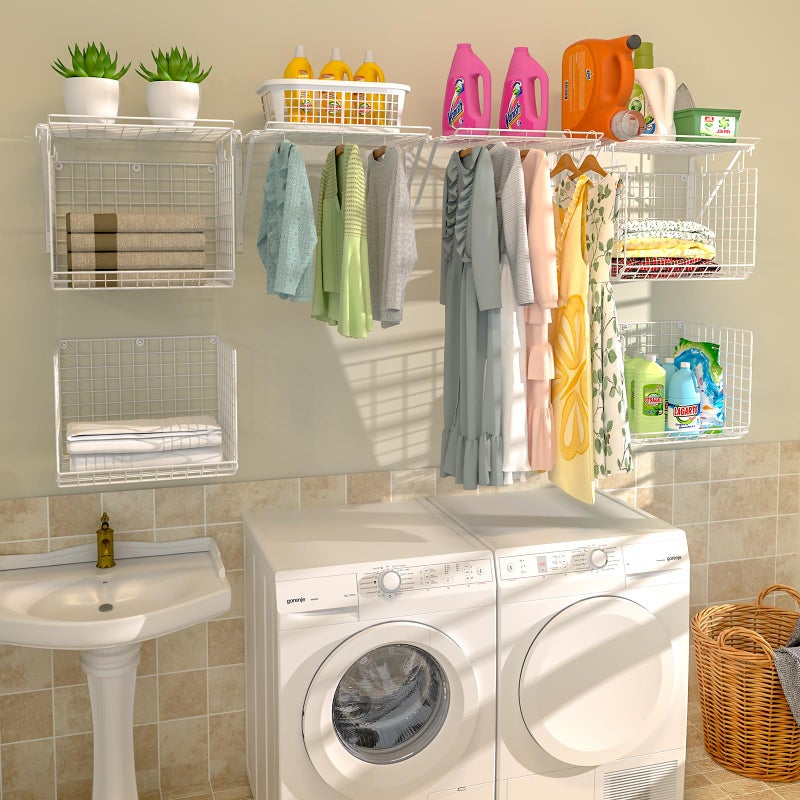 3IngSeagulls 2 Pack Laundry Room Shelves Wall Mounted with Wire Baskets, Over the Washer and Dryer Shelf with Clothes Drying Rack, 8 Hooksï¼ŒWire Shelves Baskets for Laundry Closet Organization and Storage, White - Image 3