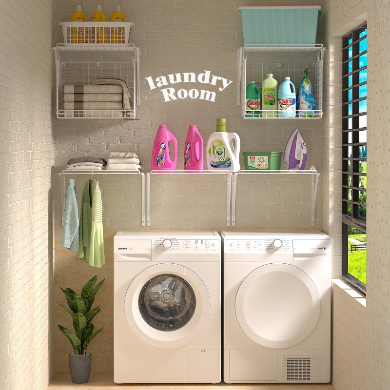 3IngSeagulls 2 Pack Laundry Room Shelves Wall Mounted with Wire Baskets, Over the Washer and Dryer Shelf with Clothes Drying Rack, 8 Hooksï¼ŒWire Shelves Baskets for Laundry Closet Organization and Storage, White - Image 4
