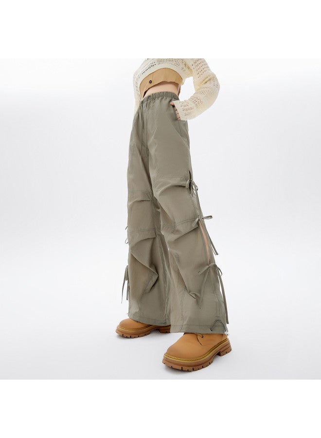 EPTISON Women's Casual Pants Summer Side Slit Tie-detail Cuffed Straight-leg Pants With Drawstring Waist Versatile Elastic Waist Utility Style Trousers - Image 2