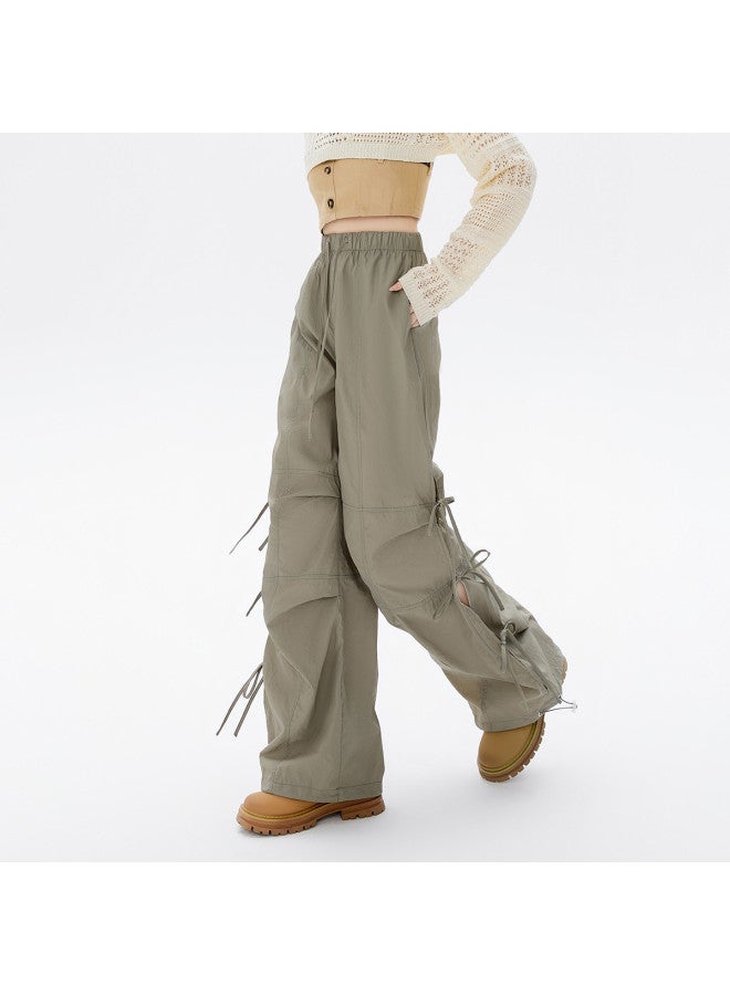 EPTISON Women's Casual Pants Summer Side Slit Tie-detail Cuffed Straight-leg Pants With Drawstring Waist Versatile Elastic Waist Utility Style Trousers - Image 4