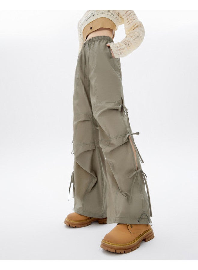 EPTISON Women's Casual Pants Summer Side Slit Tie-detail Cuffed Straight-leg Pants With Drawstring Waist Versatile Elastic Waist Utility Style Trousers - Image 1