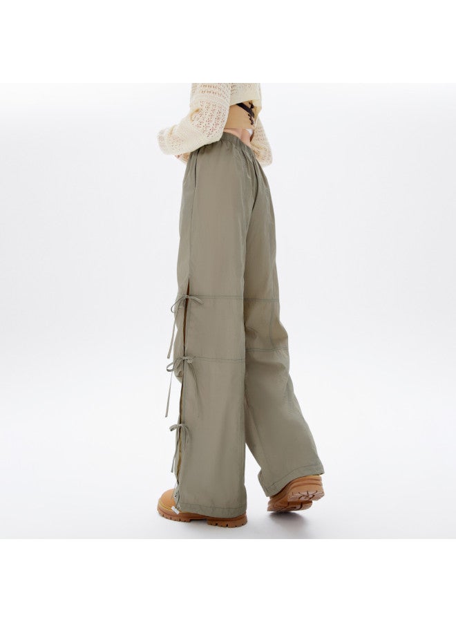 EPTISON Women's Casual Pants Summer Side Slit Tie-detail Cuffed Straight-leg Pants With Drawstring Waist Versatile Elastic Waist Utility Style Trousers - Image 5