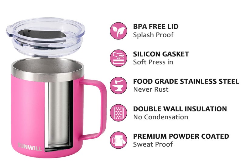SUNWILL SUNWILL Insulated Coffee Mug with Lid  Stainless Steel Coffee Travel Mug  Coffee Cup with Handle 14oz for Home  Office  Camping  Powder Coated Magenta - Image 2
